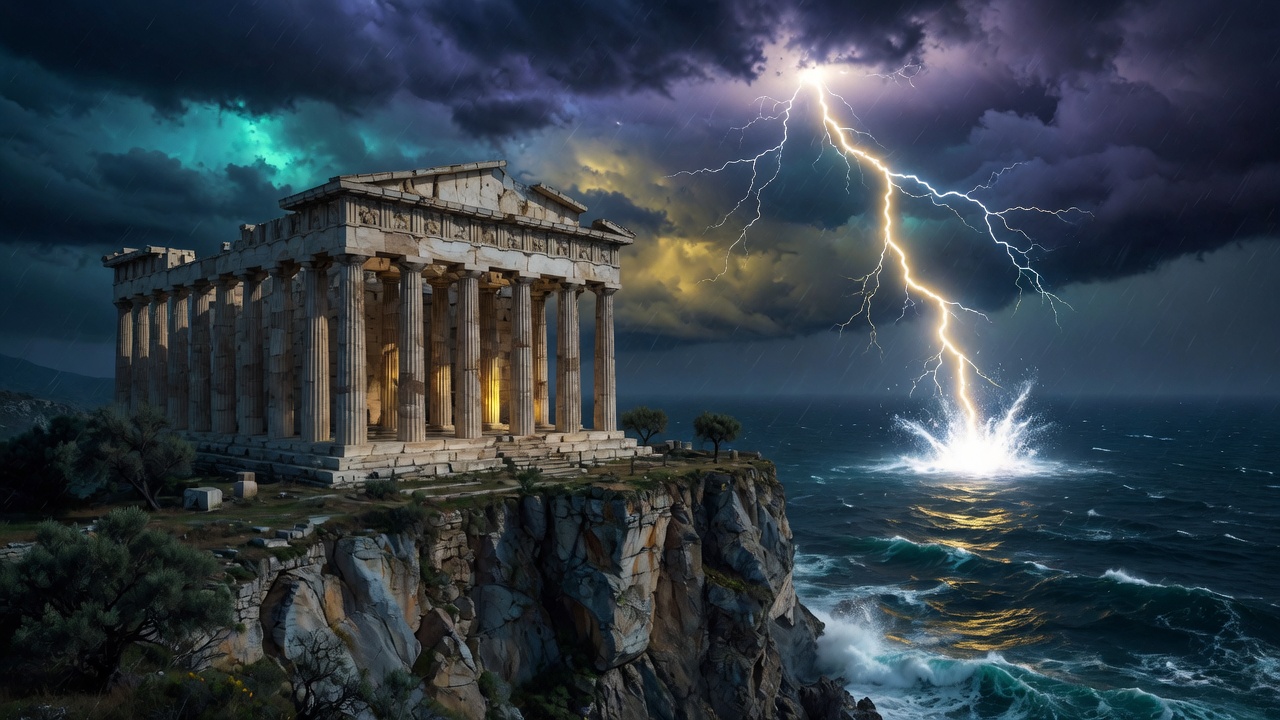 Lightning striking the sea beside a cliff-top Greek temple