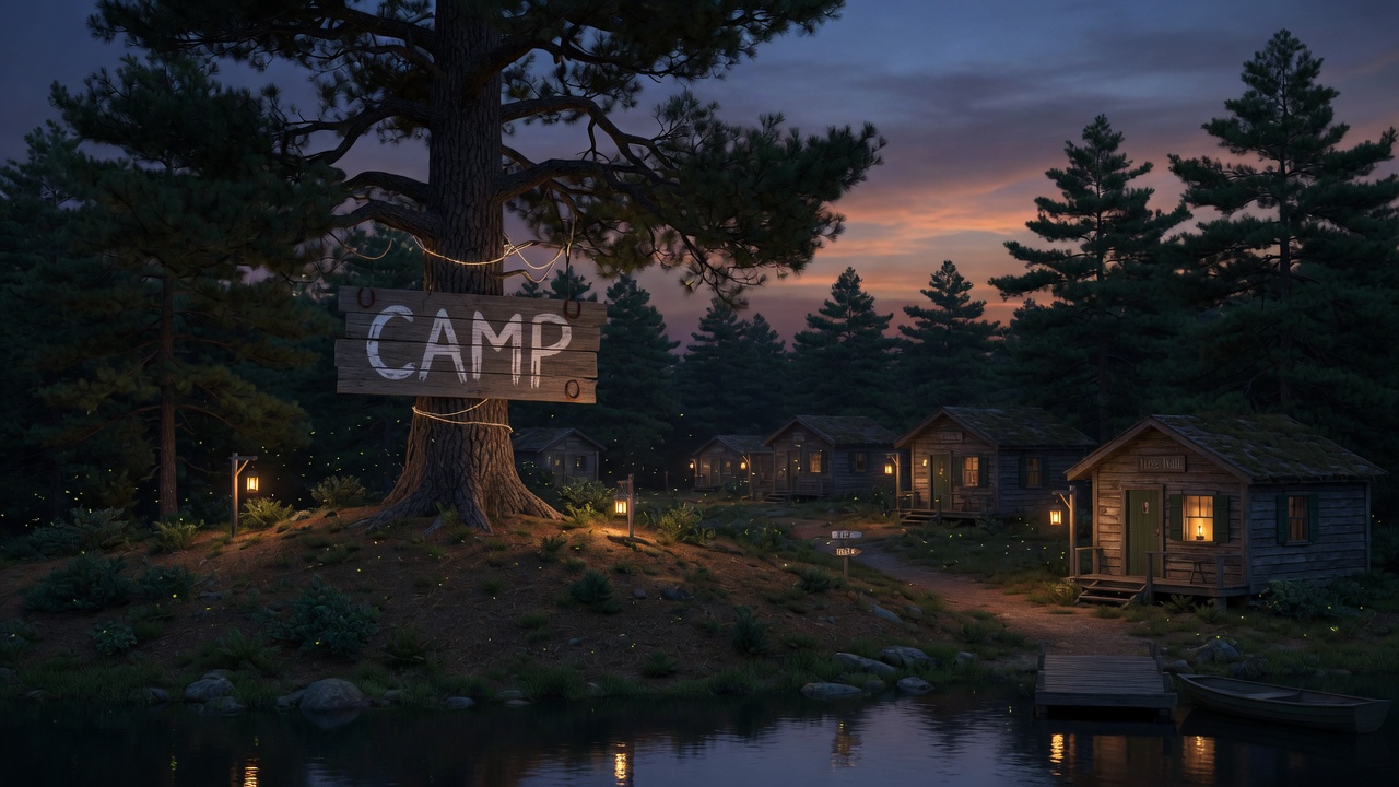 Lantern-lit pine camp cabins at dusk