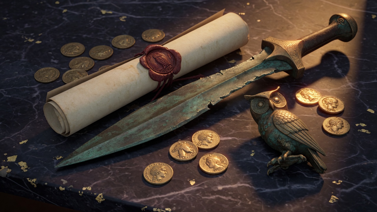 Bronze sword, scroll, and owl on dark marble