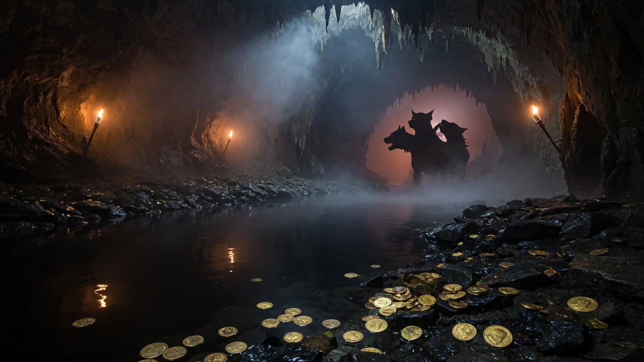 Torchlit cavern with gold coins and a three-headed hound silhouette