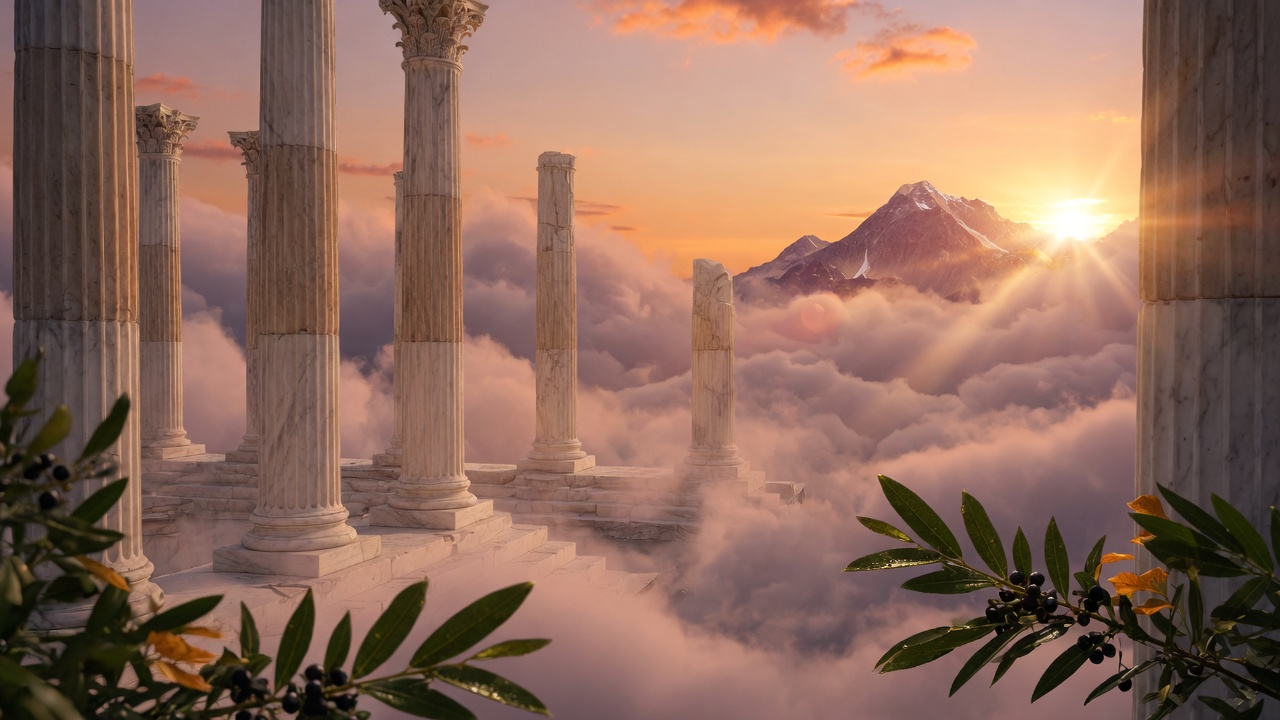 Marble columns in the clouds at sunrise