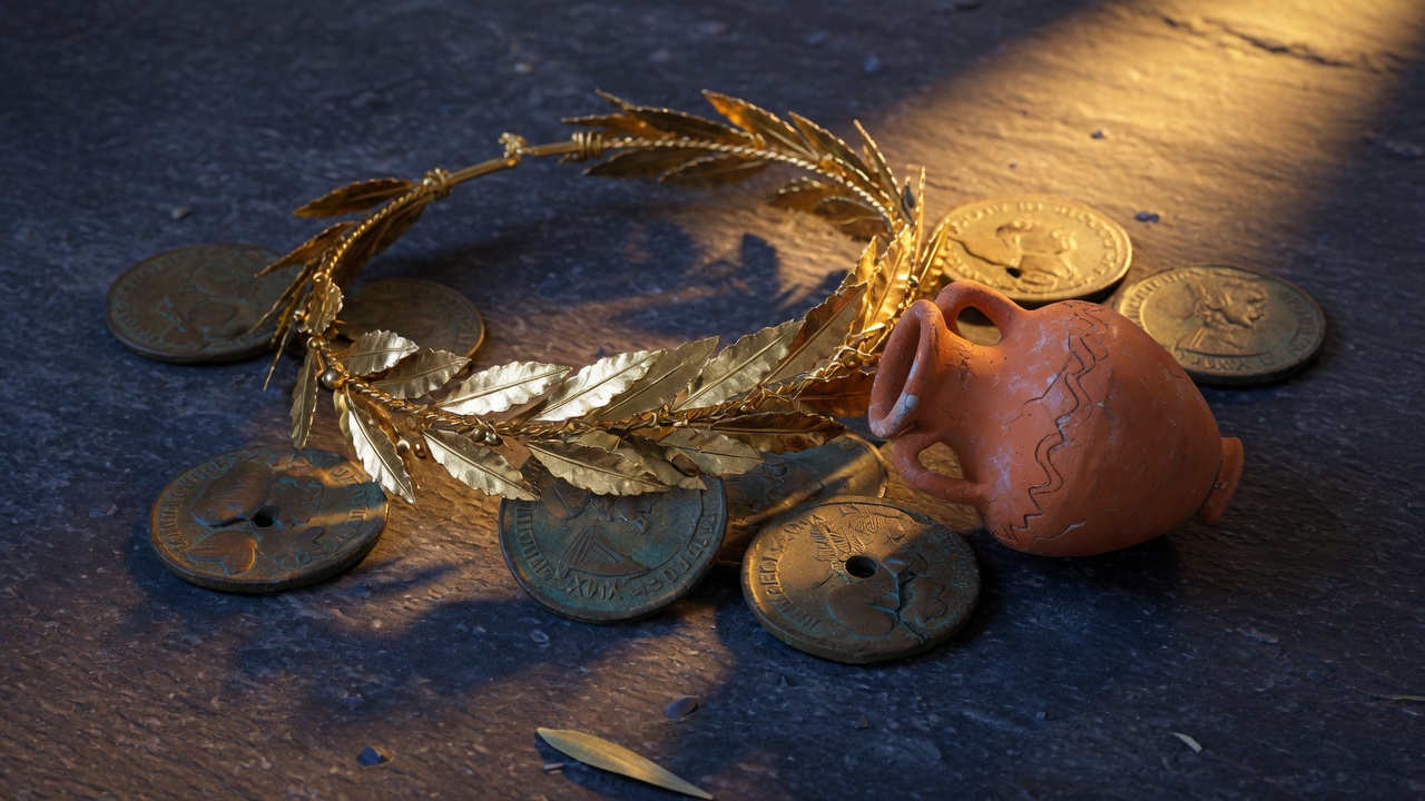 Gold laurel wreath, coins, and a small clay amphora